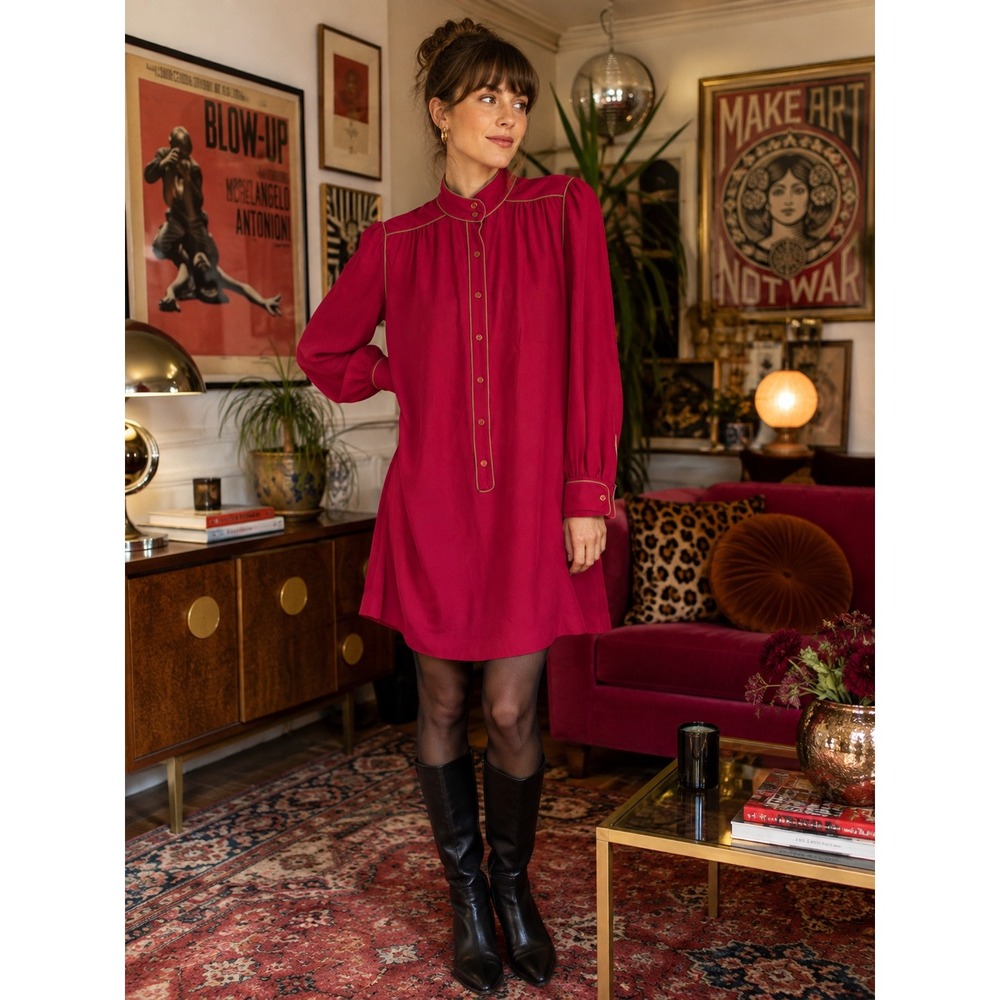 Vintage Horchow 100% Silk Cranberry Red Dress Gray Piping 80s SzSmall